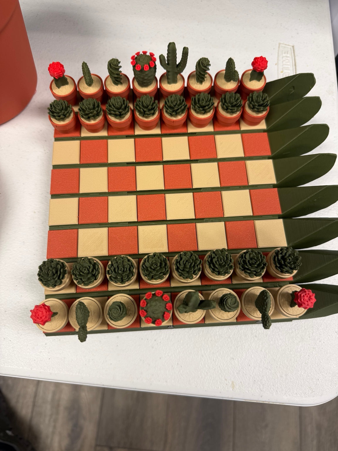 Overhead view of Cacti Chess showing cactus pieces and the orange-and-cream board