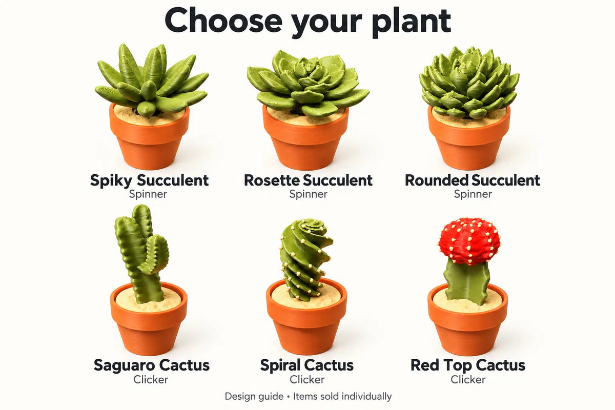 Labeled Spiky, Rosette and Rounded Succulent spinners, Saguaro, Spiral and Red Top Cactus clickers.