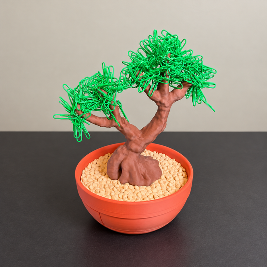 Orange-pot bonsai desk organizer with green paperclip foliage