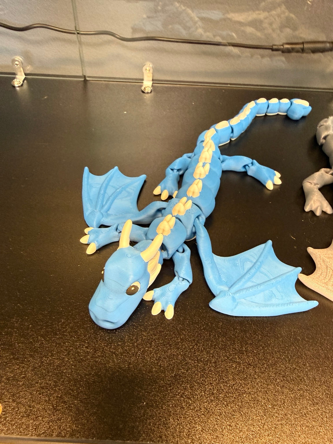 Original photograph of blue and cream articulated dragon