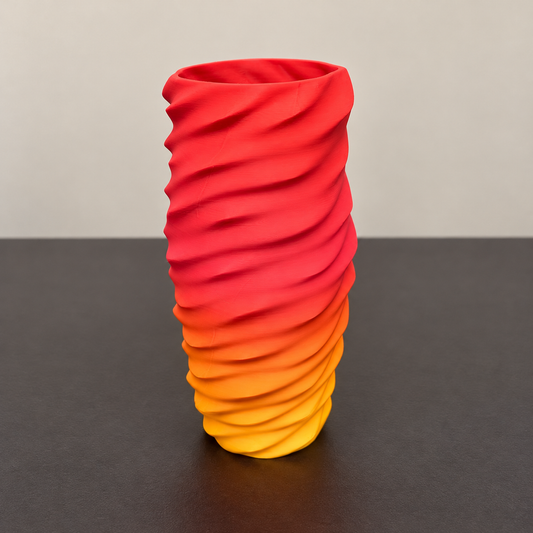 Red orange and yellow spiral 3D-printed vase